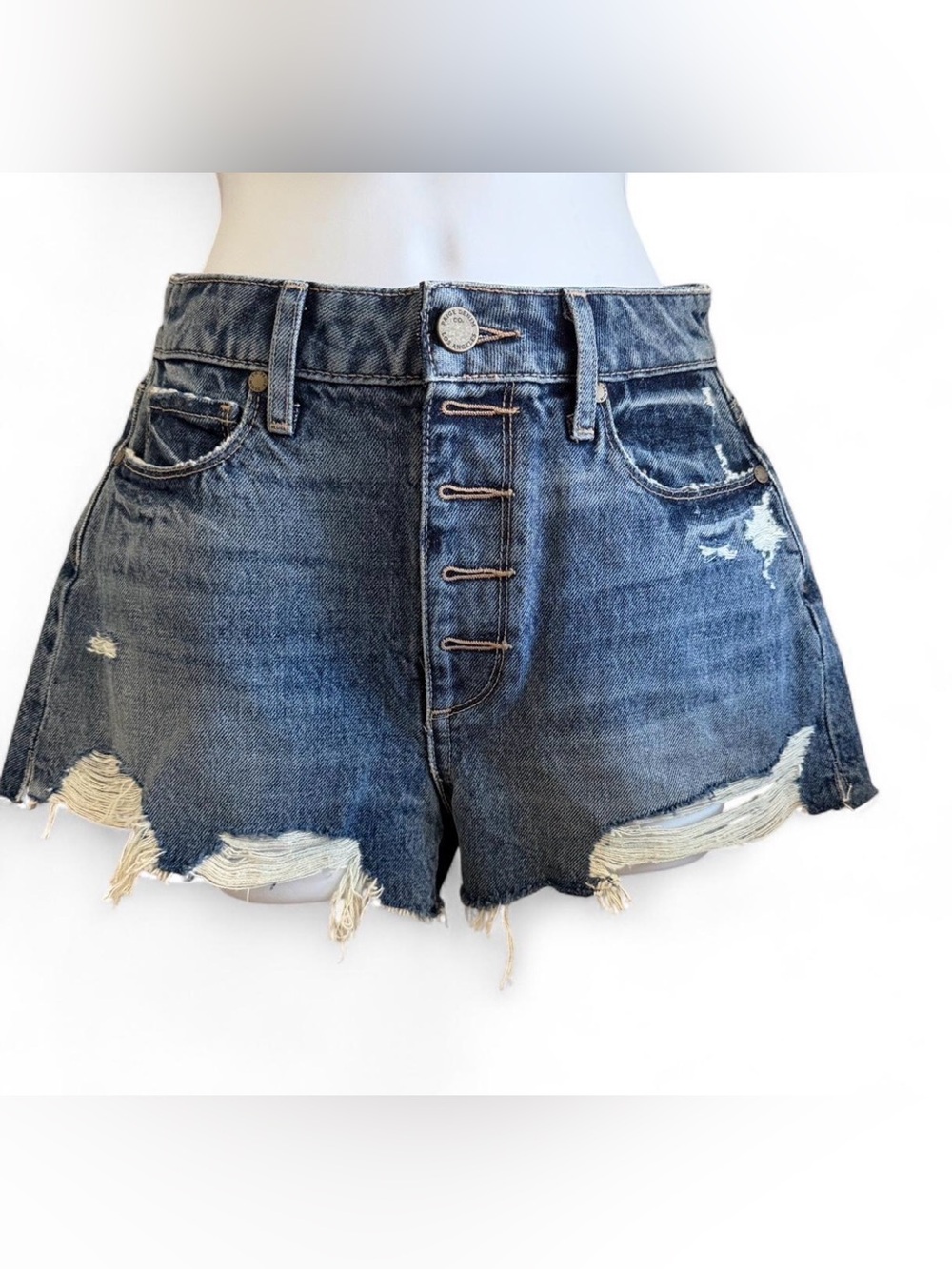 PAIGE Distressed High-Rise Denim Shorts - Dark Blue
